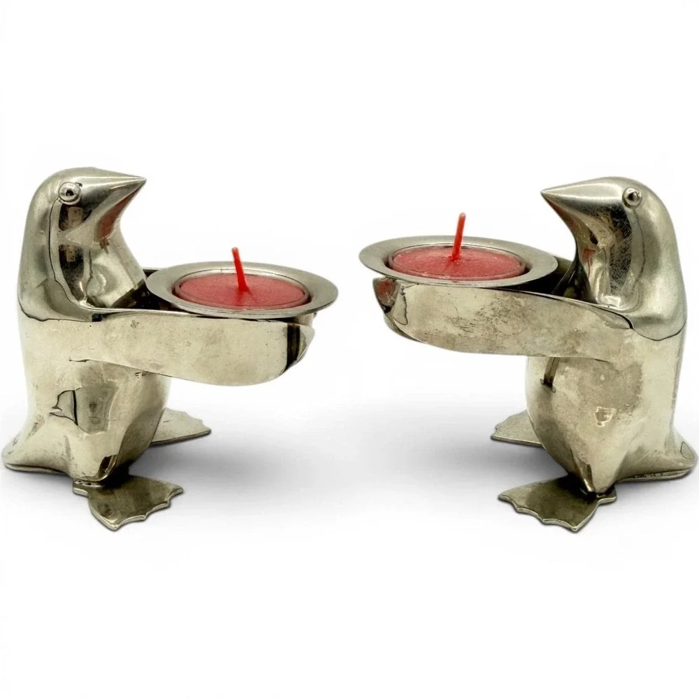 Vintage Restoration Hardware Silver Penguin Tea Light Candle Holders Pair RH